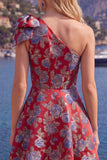 Blue One Shoulder Jacquard A-Line Floral Homecoming Dress with Bow