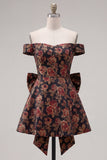 Off the Shoulder Black Jacquard A-Line Floral Homecoming Dress with Bow