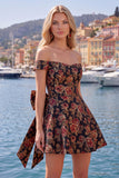 Off the Shoulder Black Jacquard A-Line Floral Homecoming Dress with Bow