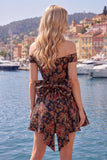 Off the Shoulder Black Jacquard A-Line Floral Homecoming Dress with Bow