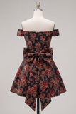 Off the Shoulder Black Jacquard A-Line Floral Homecoming Dress with Bow