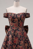 Off the Shoulder Black Jacquard A-Line Floral Homecoming Dress with Bow