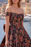 Off the Shoulder Black Jacquard A-Line Floral Homecoming Dress with Bow