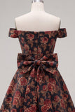 Off the Shoulder Black Jacquard A-Line Floral Homecoming Dress with Bow
