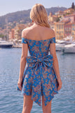 Off the Shoulder Black Jacquard A-Line Floral Homecoming Dress with Bow