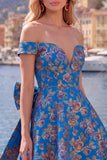 Off the Shoulder Black Jacquard A-Line Floral Homecoming Dress with Bow