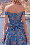 Off the Shoulder Black Jacquard A-Line Floral Homecoming Dress with Bow
