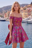 Off the Shoulder Black Jacquard A-Line Floral Homecoming Dress with Bow