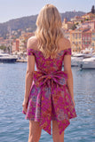 Off the Shoulder Black Jacquard A-Line Floral Homecoming Dress with Bow