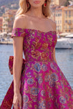Off the Shoulder Black Jacquard A-Line Floral Homecoming Dress with Bow