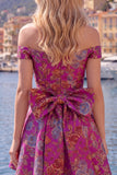 Off the Shoulder Black Jacquard A-Line Floral Homecoming Dress with Bow