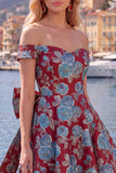 Off the Shoulder Black Jacquard A-Line Floral Homecoming Dress with Bow