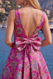 A-Line Red V-Neck Jacquard Floral Homecoming Dress with Bow