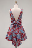 A-Line Red V-Neck Jacquard Floral Homecoming Dress with Bow