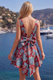 A-Line Red V-Neck Jacquard Floral Homecoming Dress with Bow