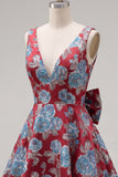 A-Line Red V-Neck Jacquard Floral Homecoming Dress with Bow