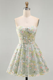 Green Sweetheart Sheer Corset A-Line Floral Homecoming Dress with Appliques