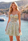 Green Sweetheart Sheer Corset A-Line Floral Homecoming Dress with Appliques
