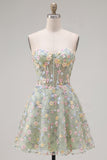 Green Sweetheart Sheer Corset A-Line Floral Homecoming Dress with Appliques