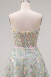 Green Sweetheart Sheer Corset A-Line Floral Homecoming Dress with Appliques