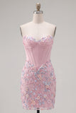 Sweetheart Pink Corset Bodycon Floral Homecoming Dress with Appliques