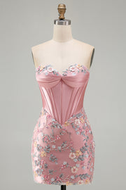 Bodycon Sweetheart Corset Floral Pink Homecoming Dress with Lace Up Back