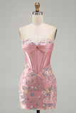 Bodycon Sweetheart Corset Floral Pink Homecoming Dress with Lace Up Back