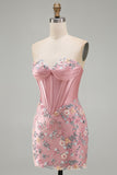 Bodycon Sweetheart Corset Floral Pink Homecoming Dress with Lace Up Back