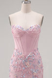 Sweetheart Pink Corset Bodycon Floral Homecoming Dress with Appliques