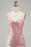 Bodycon Sweetheart Corset Floral Pink Homecoming Dress with Lace Up Back