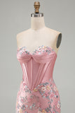 Bodycon Sweetheart Corset Floral Pink Homecoming Dress with Lace Up Back