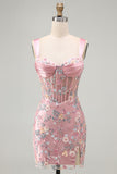 Blue Sheer Corset Bodycon Floral Ruched Appliqued Homecoming Dress with Slit
