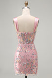 Blue Sheer Corset Bodycon Floral Ruched Appliqued Homecoming Dress with Slit