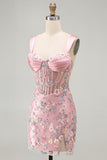 Blue Sheer Corset Bodycon Floral Ruched Appliqued Homecoming Dress with Slit