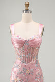 Blue Sheer Corset Bodycon Floral Ruched Appliqued Homecoming Dress with Slit