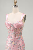 Blue Sheer Corset Bodycon Floral Ruched Appliqued Homecoming Dress with Slit