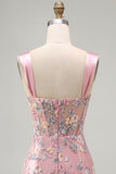 Blue Sheer Corset Bodycon Floral Ruched Appliqued Homecoming Dress with Slit