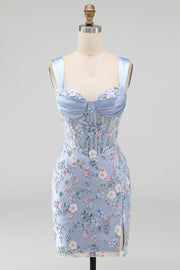 Blue Sheer Corset Bodycon Floral Ruched Appliqued Homecoming Dress with Slit