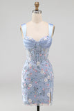 Blue Sheer Corset Bodycon Floral Ruched Appliqued Homecoming Dress with Slit