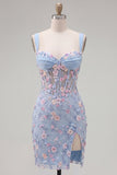 Blue Sheer Corset Bodycon Floral Ruched Appliqued Homecoming Dress with Slit