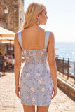 Blue Sheer Corset Bodycon Floral Ruched Appliqued Homecoming Dress with Slit
