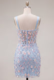 Blue Sheer Corset Bodycon Floral Ruched Appliqued Homecoming Dress with Slit