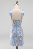 Blue Sheer Corset Bodycon Floral Ruched Appliqued Homecoming Dress with Slit