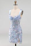 Blue Sheer Corset Bodycon Floral Ruched Appliqued Homecoming Dress with Slit