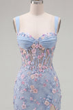 Blue Sheer Corset Bodycon Floral Ruched Appliqued Homecoming Dress with Slit