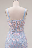Blue Sheer Corset Bodycon Floral Ruched Appliqued Homecoming Dress with Slit