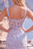 Blue Sheer Corset Bodycon Floral Ruched Appliqued Homecoming Dress with Slit