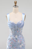 Blue Sheer Corset Bodycon Floral Ruched Appliqued Homecoming Dress with Slit