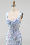 Blue Sheer Corset Bodycon Floral Ruched Appliqued Homecoming Dress with Slit