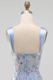 Blue Sheer Corset Bodycon Floral Ruched Appliqued Homecoming Dress with Slit